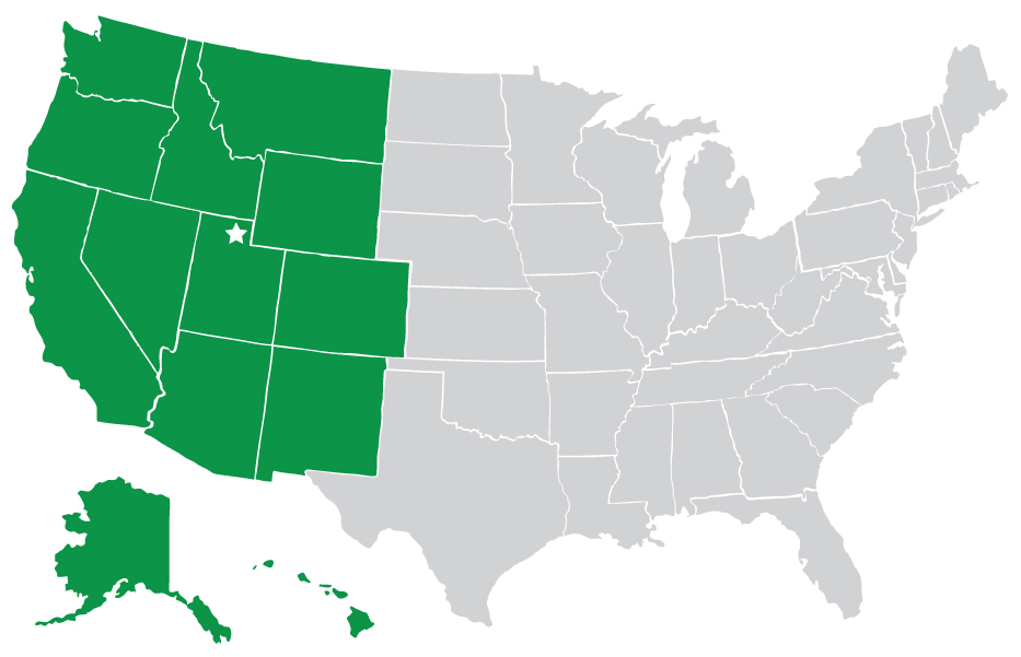 US map highlighting western rural region